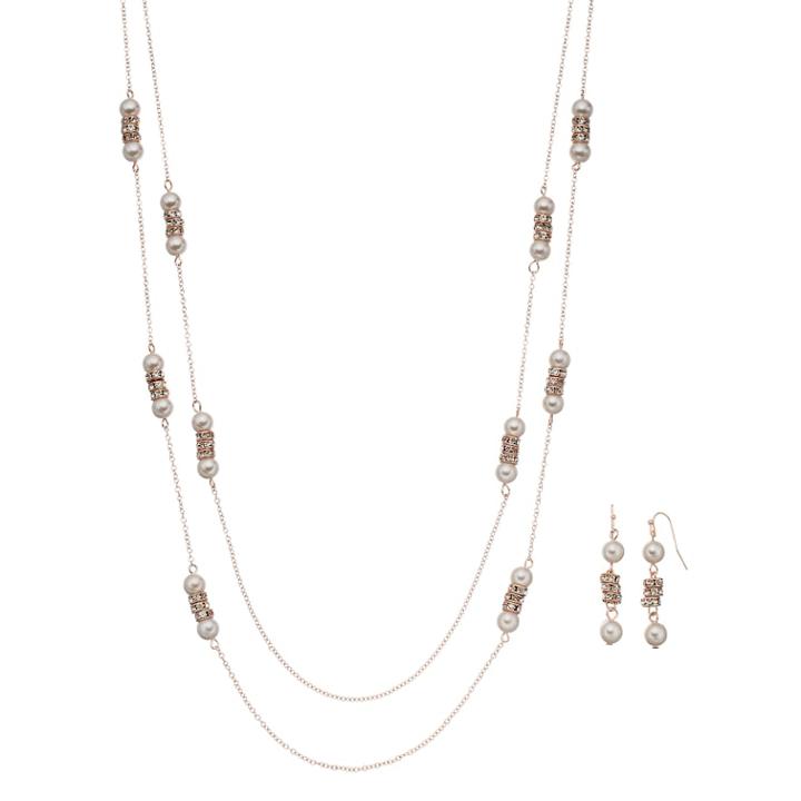 Rose Gold Tone Simulated Pearl Double Strand Necklace & Linear Drop Earring Set, Women's, Pink