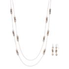 Rose Gold Tone Simulated Pearl Double Strand Necklace & Linear Drop Earring Set, Women's, Pink