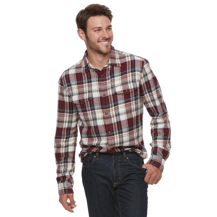 Men's Sonoma Goods For Life&trade; Modern-fit Plaid Flannel Button-down Shirt, Size: Small, Dark Pink