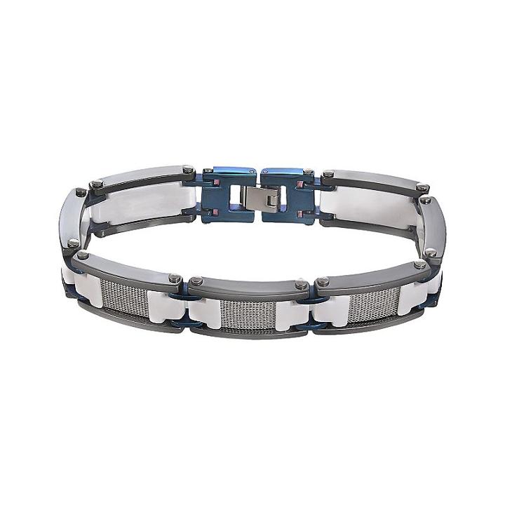 Stainless Steel, Blue Immersion-plated Stainless Steel, And White And Black Ceramic Bracelet - Men, Size: 8.5