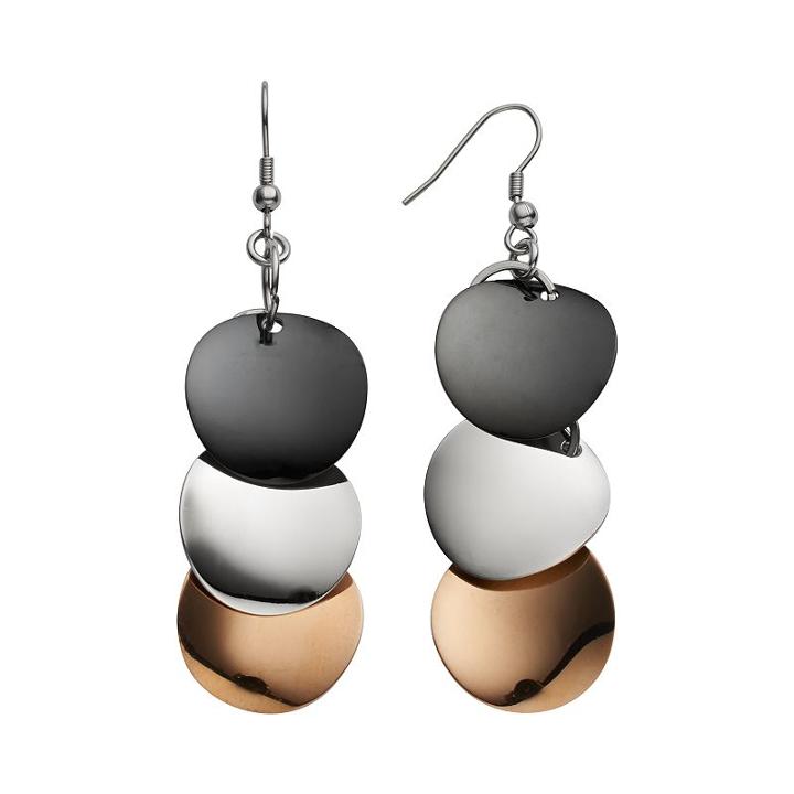 Steel City Stainless Steel Tri-tone Circle Drop Earrings, Women's, Multicolor