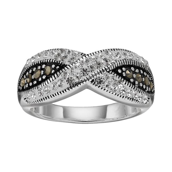 Silver Luxuries Silver Plated Marcasite & Crystal Crisscross Ring, Women's, Size: 6, Grey