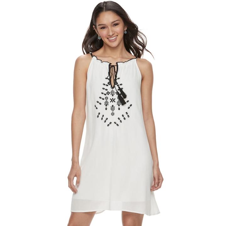 Juniors' Speechless Tie Front Embroidered Shift Dress, Teens, Size: Large, White