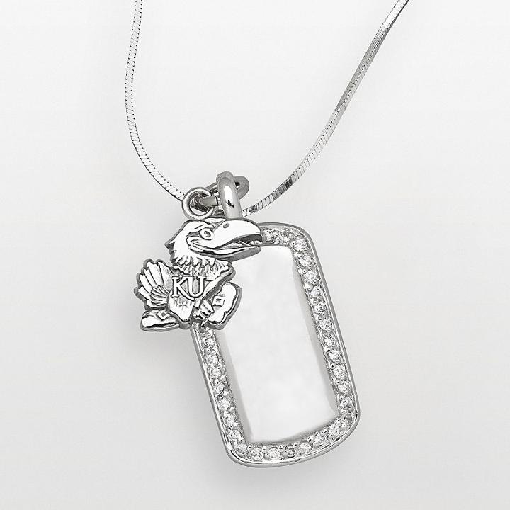 Kansas Jayhawks Sterling Silver Cubic Zirconia Dog Tag Pendant, White