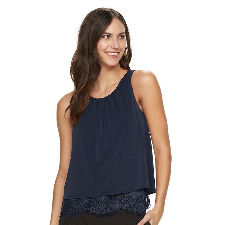 Petite Apt. 9&reg; Lace-hem Scoopneck Tank, Women's, Size: L Petite, Blue (navy)