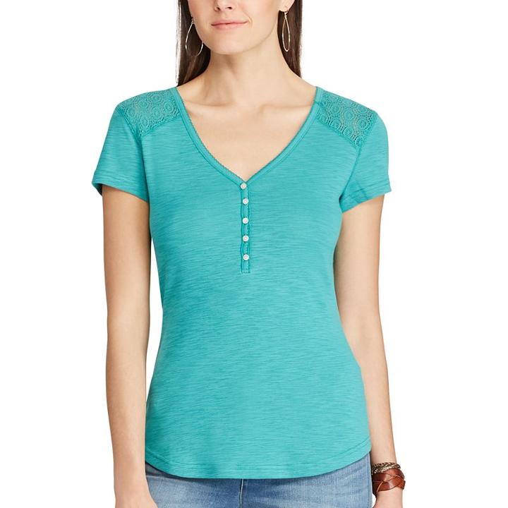 Women's Chaps Lace Yoke Henley, Size: Xs, Turquoise/blue (turq/aqua)