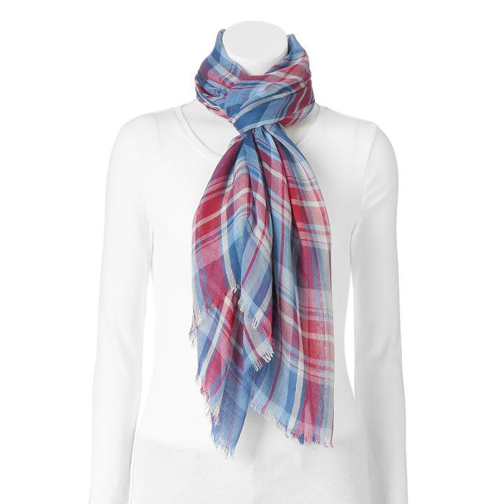 Chaps Plaid Oblong Wrap Scarf, Women's, Med Blue