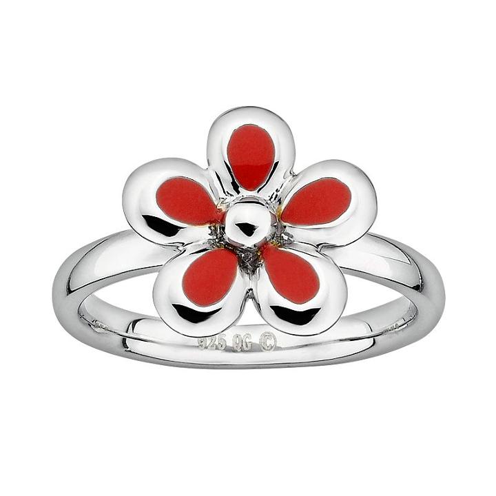 Stacks And Stones Sterling Silver Red Enamel Flower Stack Ring, Women's, Size: 9