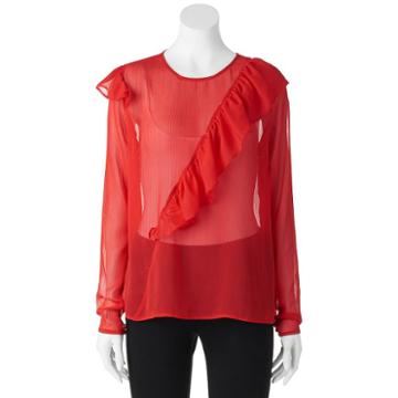 Liv-on, Juniors' Ruffle Sheer Chiffon Top, Girl's, Size: Medium, Med Red