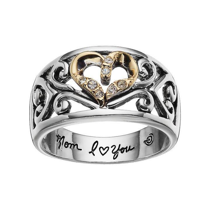 Love This Life Two Tone Silver Plated Crystal Mom I Love You Heart Ring, Women's, Size: 7, Grey