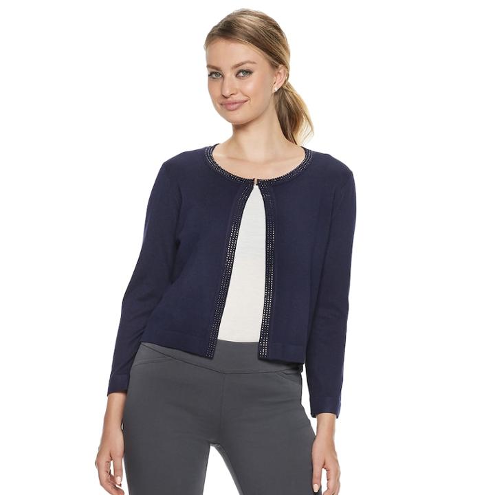 Women's Nina Leonard Embellished Crop Cardigan, Size: Small, Blue (navy)