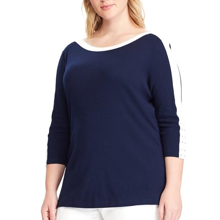 Plus Size Chaps Lace-up Boatneck Top, Women's, Size: 2xl, Blue