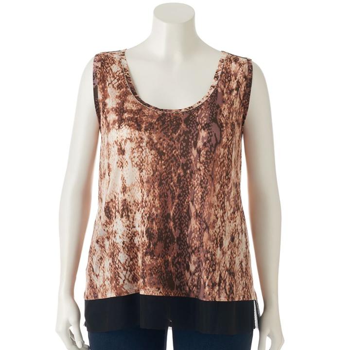 Plus Size Jennifer Lopez Printed Mesh-trim Tank, Women's, Size: 1xl, Brown