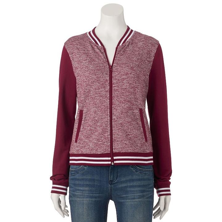 Juniors' So&reg; French Terry Ribbed Bomber Jacket, Girl's, Size: Large, Dark Pink