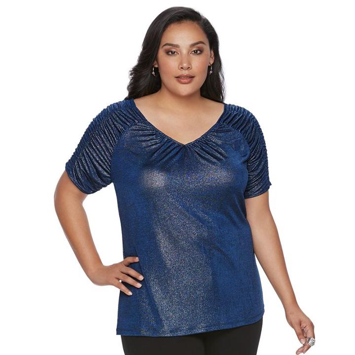 Plus Size Jennifer Lopez Foiled V-neck Tee, Women's, Size: 2xl, Blue