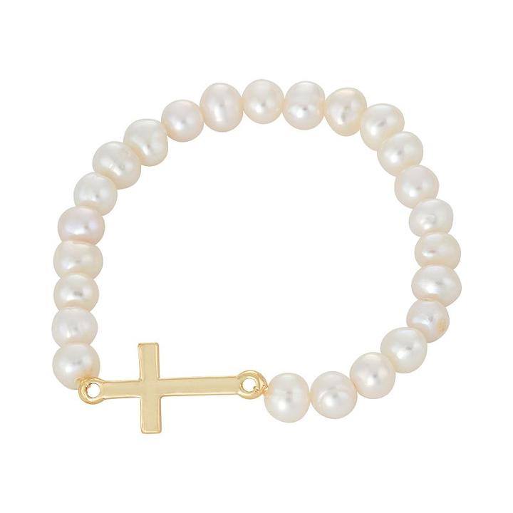 Junior Jewels Kids' Freshwater Cultured Pearl Sideways Cross Stretch Bracelet, Girl's, Size: 4.5, White