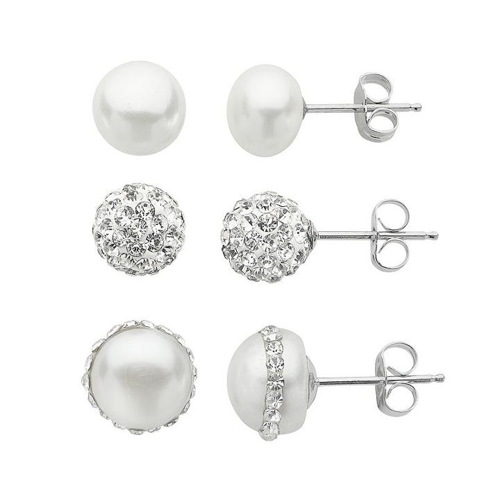 Pearlustre By Imperial Sterling Silver Crystal & Freshwater Cultured Pearl Stud Earring Set, Women's, White