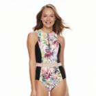 Women's N Zip Front Tummy Slimmer One-piece Swimsuit, Size: Medium, Pink Floral