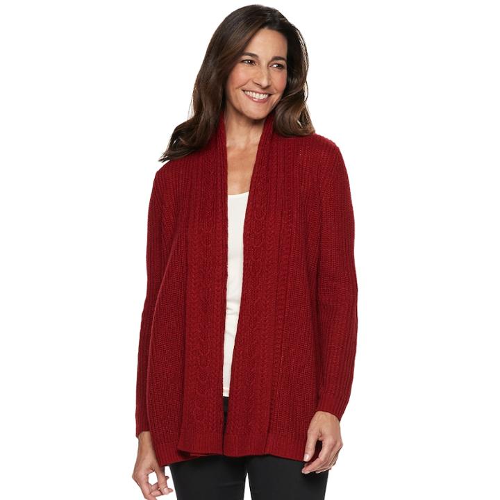 Petite Croft & Barrow&reg; Ring Stitch Open Front Cardigan, Women's, Size: L Petite, Dark Red