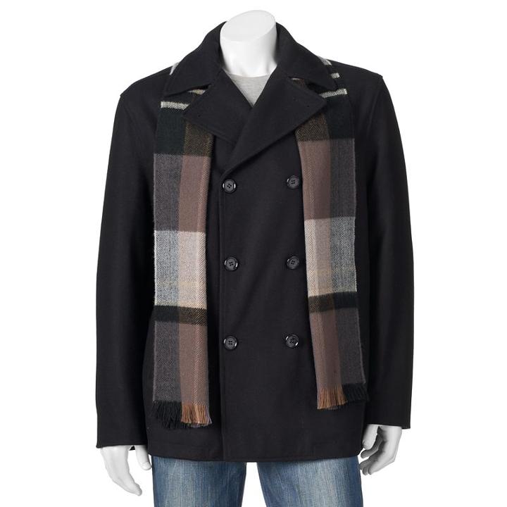 Men's Towne Wool-blend Double-breasted Peacoat With Plaid Scarf, Size: Large, Black