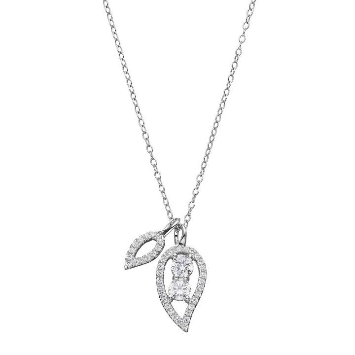 Intertwined Sterling Silver Cubic Zirconia 2-stone Leaf Charm Pendant, Women's, Size: 18, White