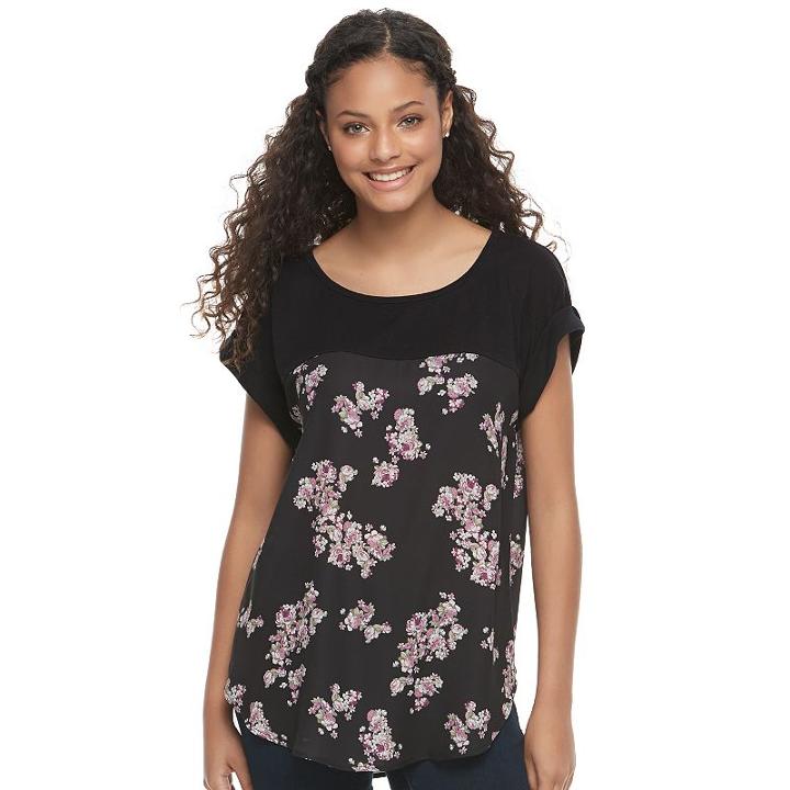 Juniors' Rewind Print Mixed Media Top, Teens, Size: Medium, Black