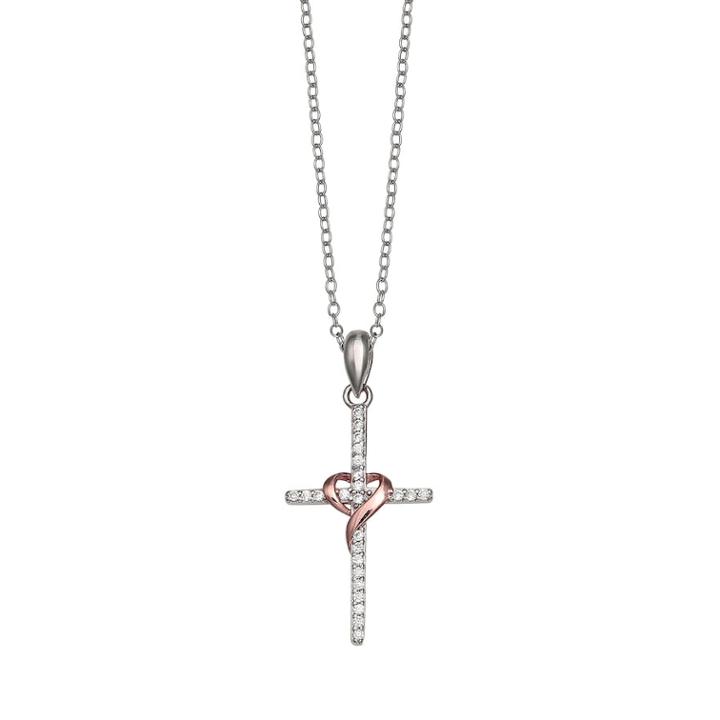 Primrose Two Tone Sterling Silver Cubic Zirconia Cross Pendant Necklace, Women's, Size: 18, White