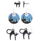 Black Cat & Haunted House Earring Set, Women's, Multicolor