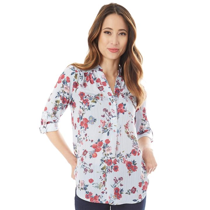 Juniors' Iz Byer Roll-tab Popover Top, Teens, Size: Xs, Floral Stripe