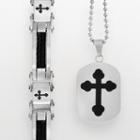Stainless Steel And Black Immersion-plated Stainless Steel Cross Bracelet And Dog Tag Set, Men's, Size: 24, Multicolor