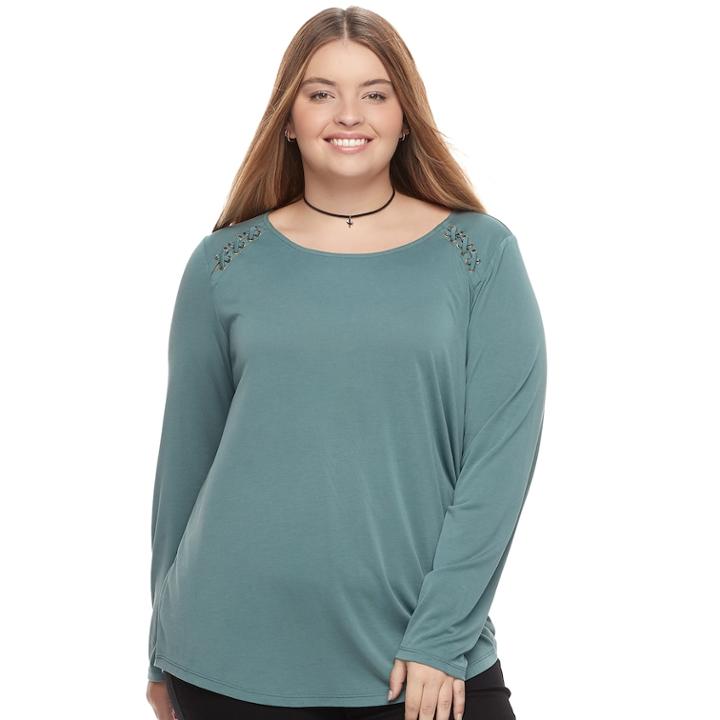 Junior's Plus Size Pink Republic Lace-up Raglan Top, Teens, Size: 1xl, Dark Green