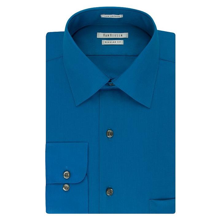 Van Heusen, Big & Tall Regular-fit Solid Lux Sateen No-iron Spread-collar Dress Shirt, Men's, Size: 18.5 32/3b, Blue Other
