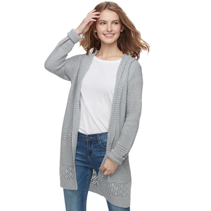 Juniors' Pink Republic Hooded Open-work Long Cardigan, Teens, Size: Xl, Grey
