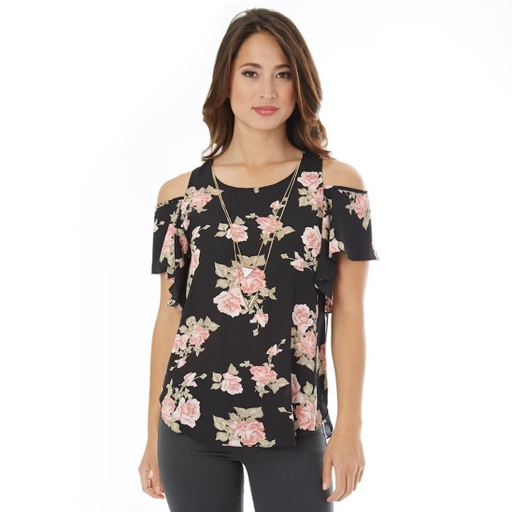 Juniors' Iz Byer Cold-shoulder Ruffle Top, Teens, Size: Small, Pink Rose Black Floral