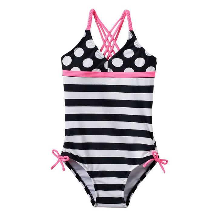 Girls 4-16 So&reg; Polka-dots & Stripes Braided Strap One-piece Swimsuit, Girl's, Size: Xs (5/6), Black