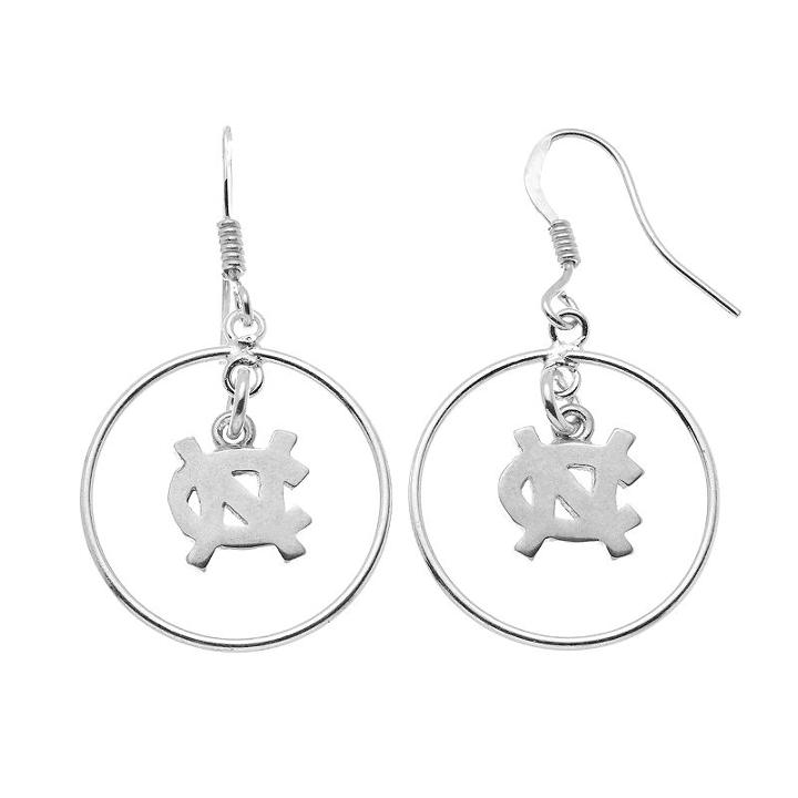 Dayna U North Carolina Tar Heels Sterling Silver Logo Charm Hoop Drop Earrings, Women's, Grey