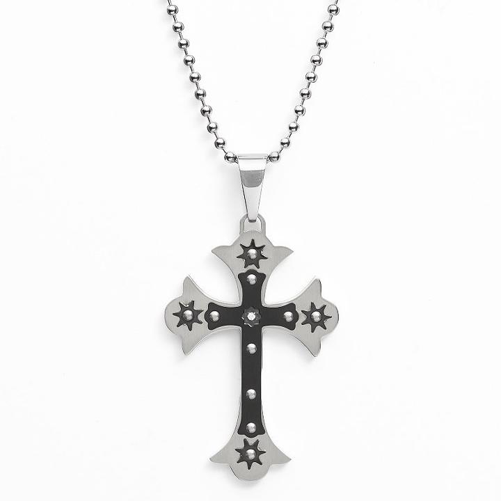 Stainless Steel And Black Immersion-plated Stainless Steel Cubic Zirconia Cross Pendant - Men, Size: 24, Grey
