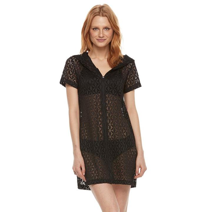 Women's Beach Scene Hooded Lace Cover-up, Size: Medium, Black