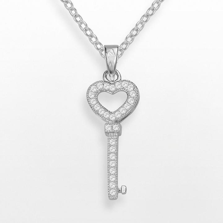 Silver-plate Cubic Zirconia Heart And Key Pendant, Women's, Size: 18, White