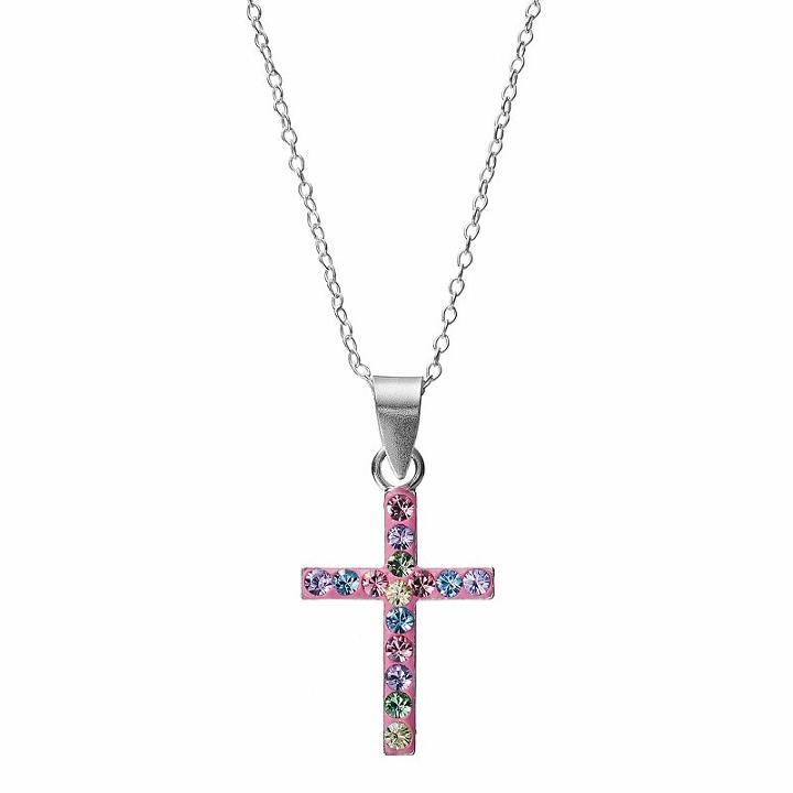 Charming Girl Kids' Sterling Silver Crystal Cross Pendant Necklace, Size: 14, Pink