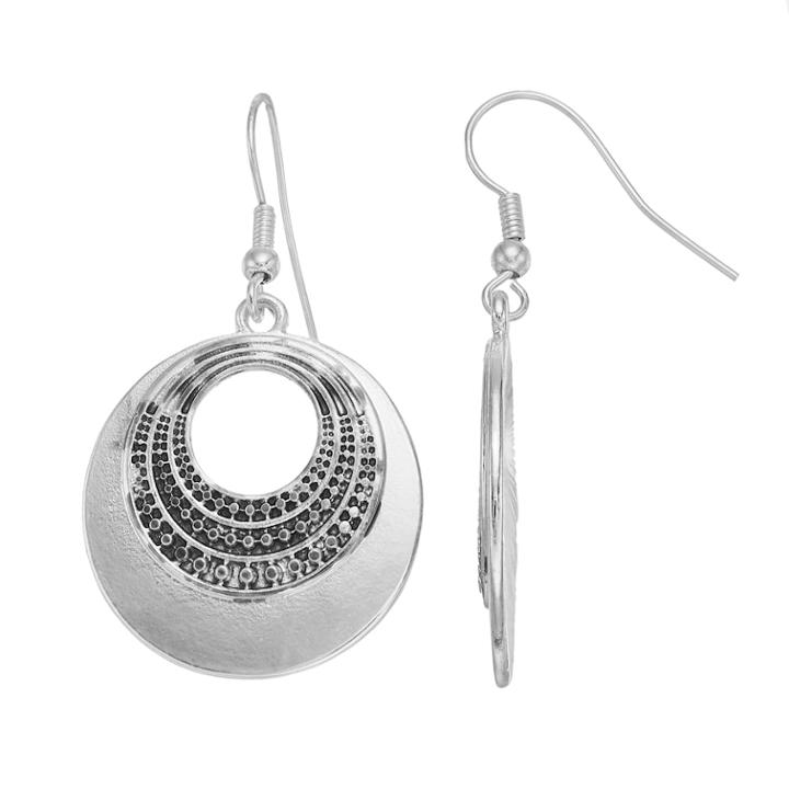 Textured Cutout Disc Nickel Free Drop Earrings, Women's, Silver