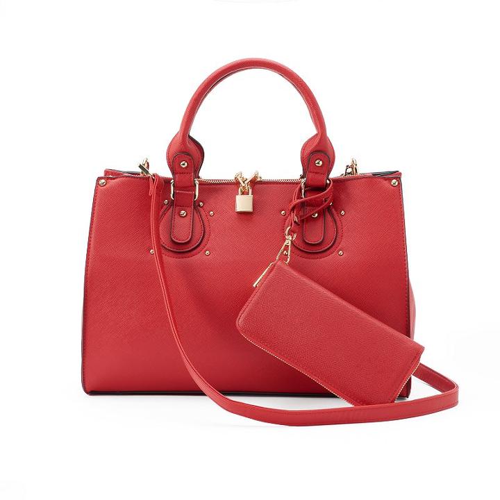 Deluxity Lauren Padlock Double Entry Satchel With Wallet, Women's, Red