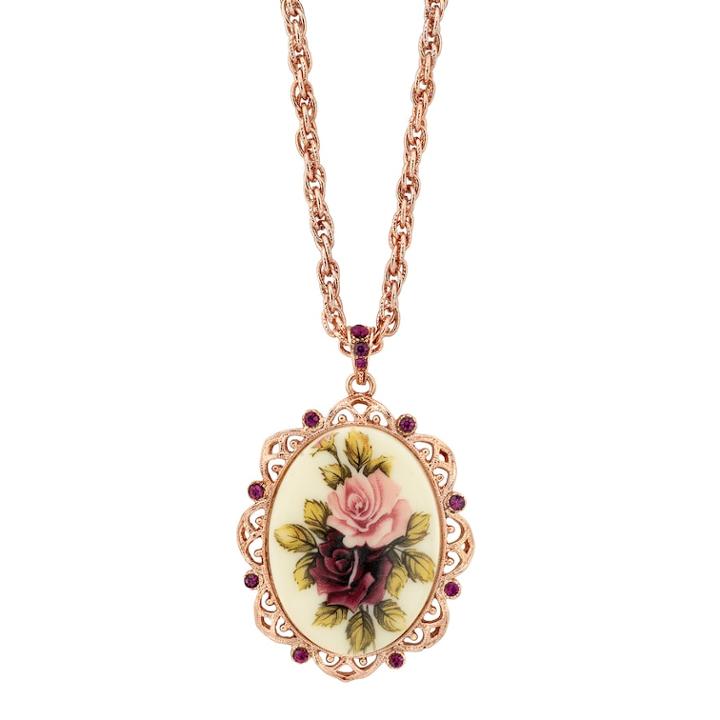 1928 Flower & Simulated Crystal Oval Pendant Necklace, Women's, Size: 28, Purple