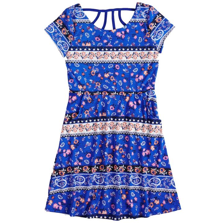 Girls 7-16 Three Pink Hearts Strappy Skater Dress, Size: 10, Med Blue