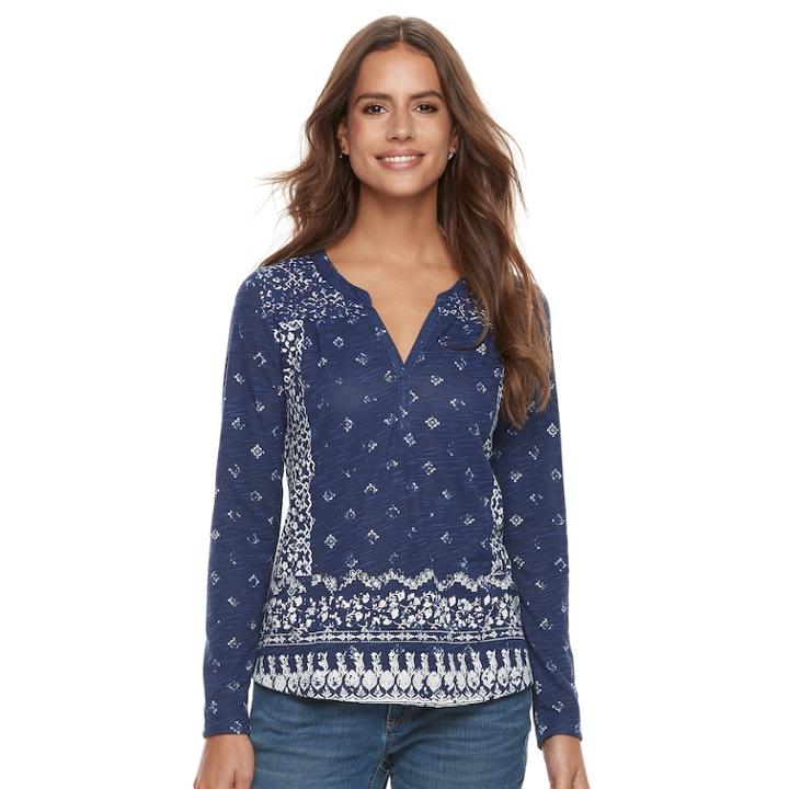 Petite Sonoma Goods For Life&trade; Printed Splitneck Tee, Women's, Size: L Petite, Dark Blue