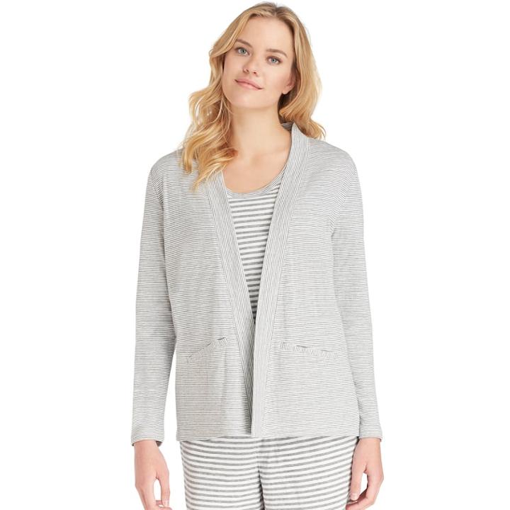 Women's Jockey Pajamas: Striped Long Sleeve Cardigan, Size: Medium, Grey