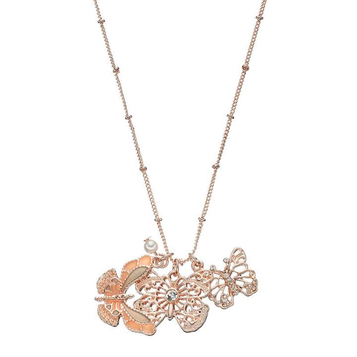 Mudd&reg; Triple Butterfly Charm Long Necklace, Women's, Pink Other