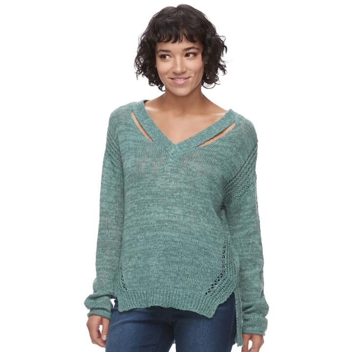 Juniors' Mudd&reg; Cut-out V-neck Sweater, Teens, Size: Medium, Turquoise/blue (turq/aqua)