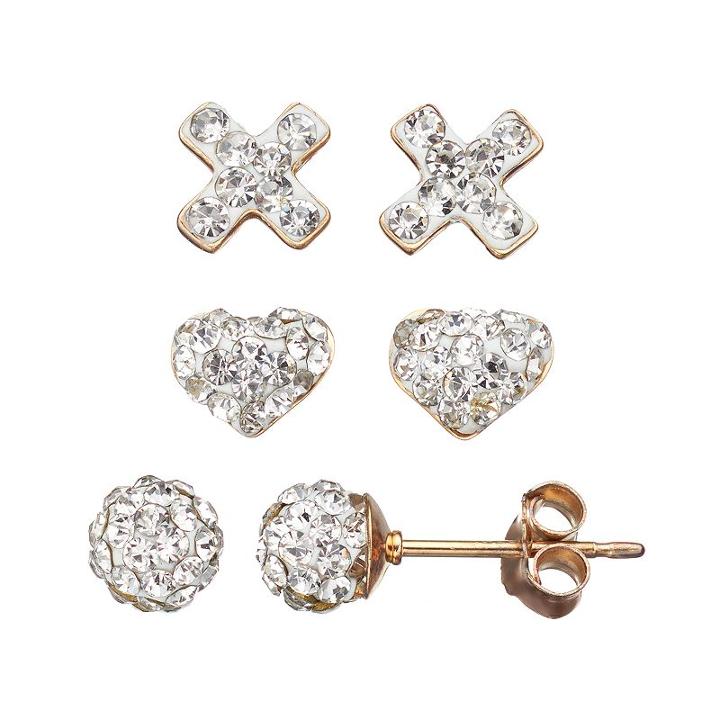 Crystal 14k Gold Over Silver Cross, Heart & Ball Stud Earring Set, Women's, White