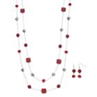 Long Double Strand Necklace & Drop Earring Set, Women's, Red